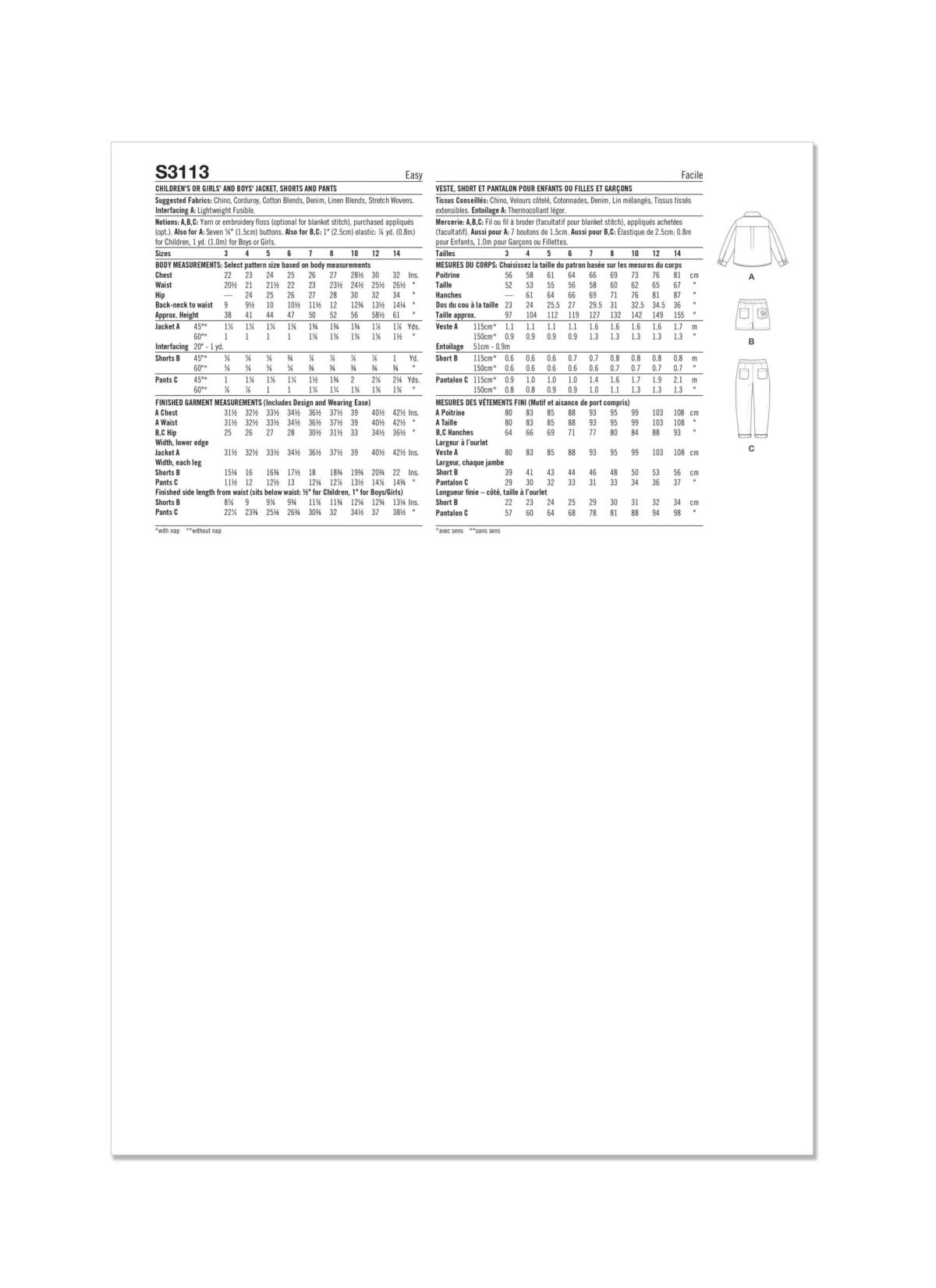 Simplicity Sewing Pattern S3113 Children's or Girls' and Boys' Jacket, Shorts and Trousers