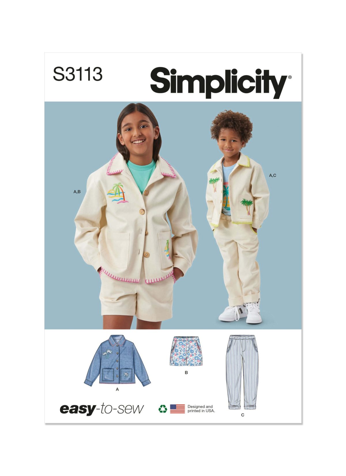 Simplicity Sewing Pattern S3113 Children's or Girls' and Boys' Jacket, Shorts and Trousers