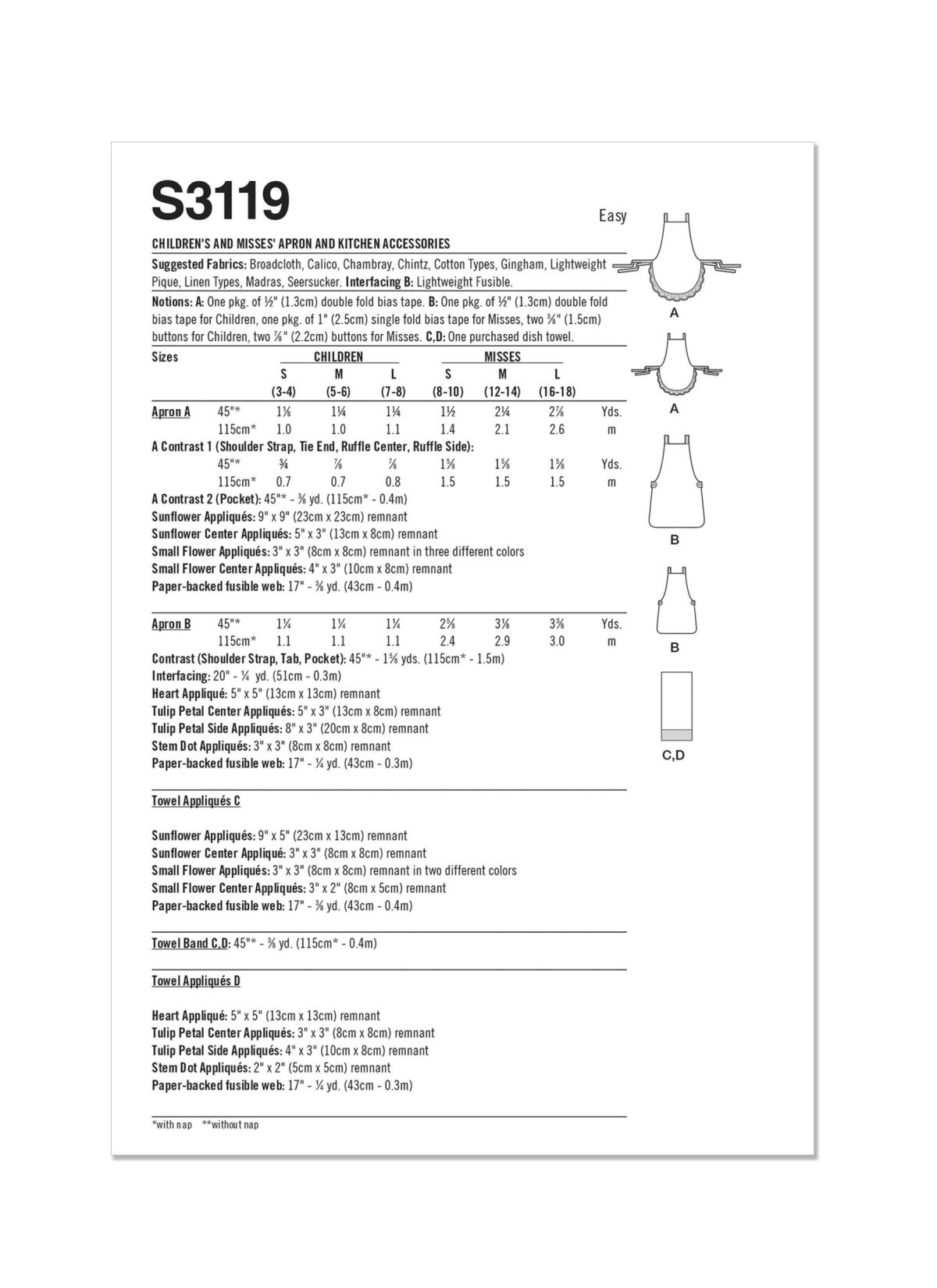 Simplicity Sewing Pattern S3119 Children and Misses' Aprons and Kitchen Accessories