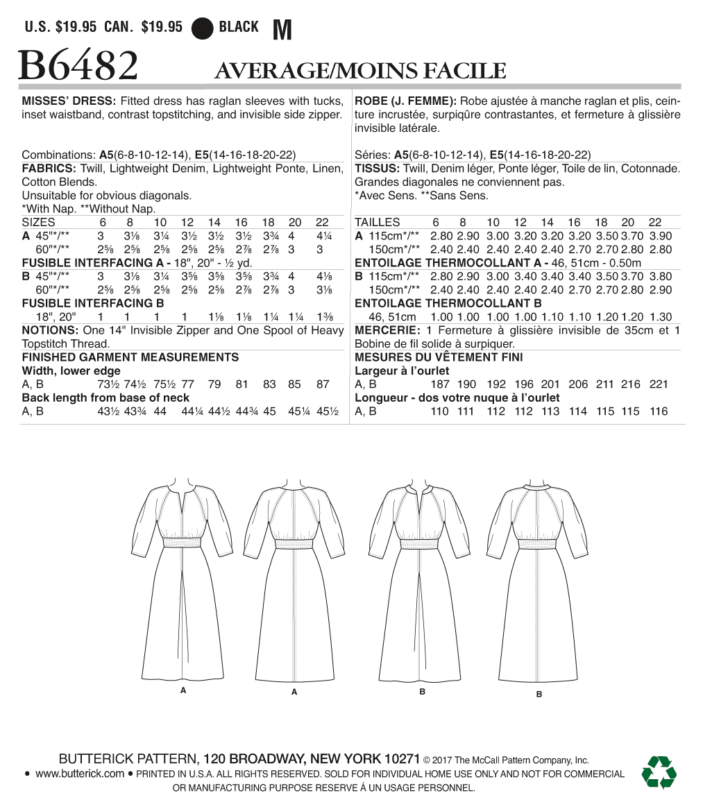 Butterick Sewing Pattern B6482 Misses' Raglan Sleeve Dress with Contrast Topstitching by Lisette