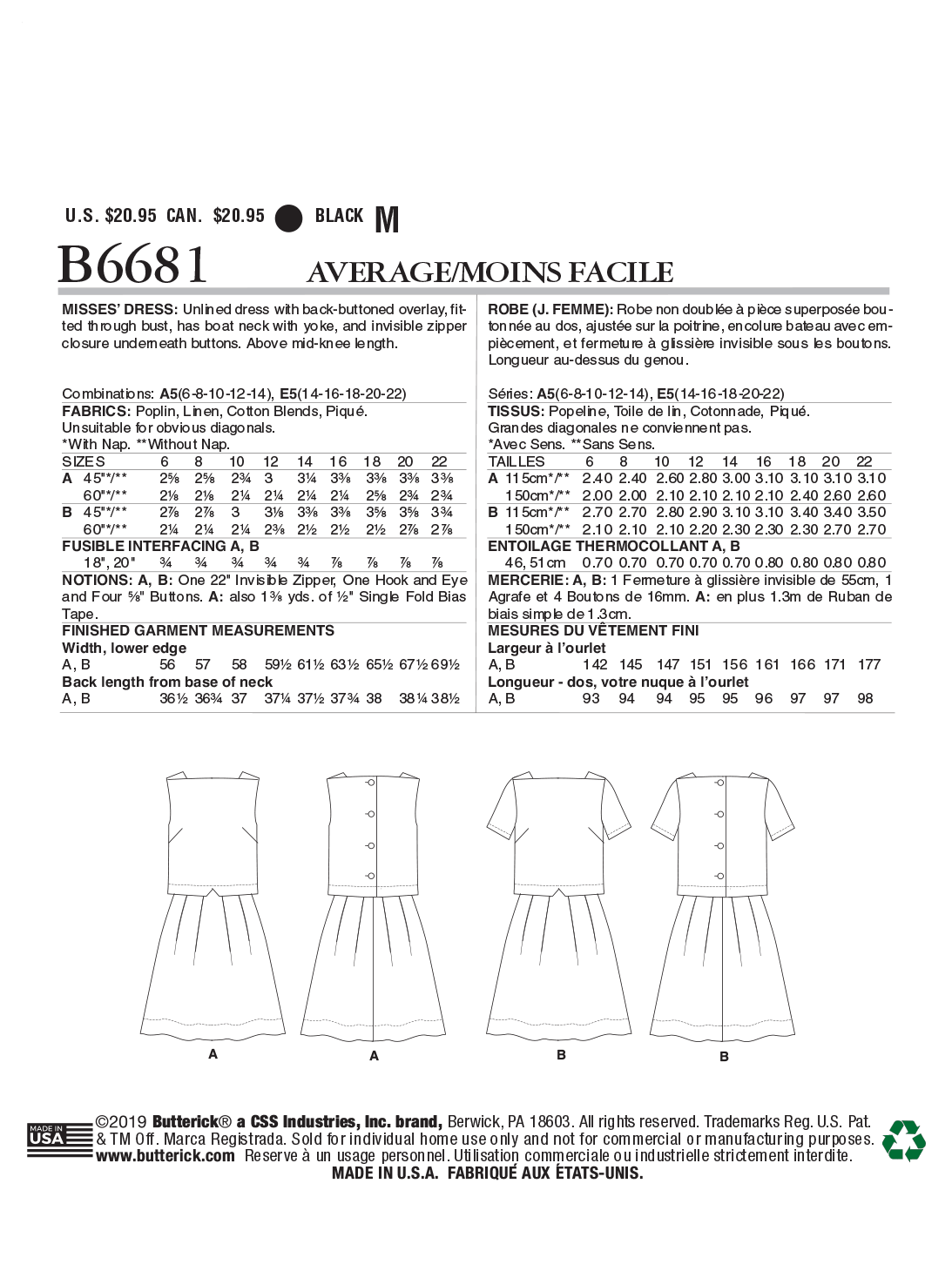 Butterick Sewing Pattern B6681 Misses' Dress by Lisette