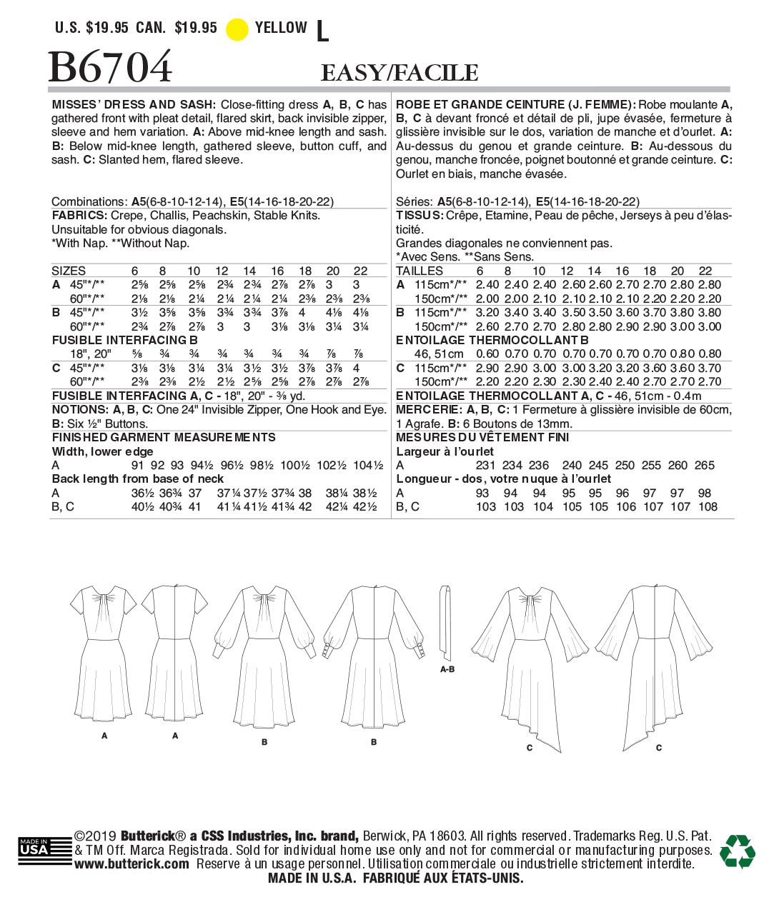 Butterick Sewing Pattern B6704 Misses' Dress & Sash