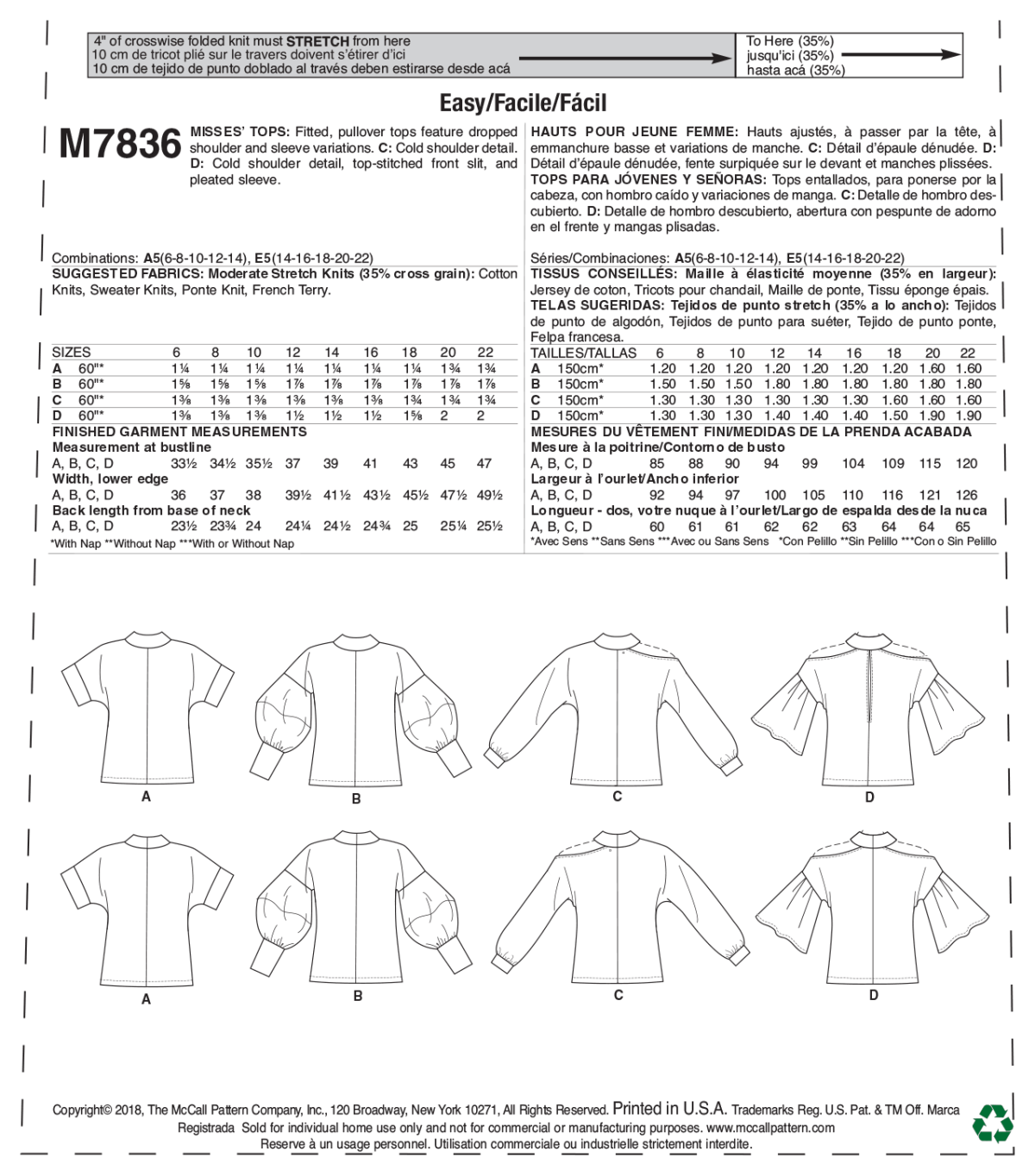 McCall's Sewing Pattern M7836 Misses' Tops