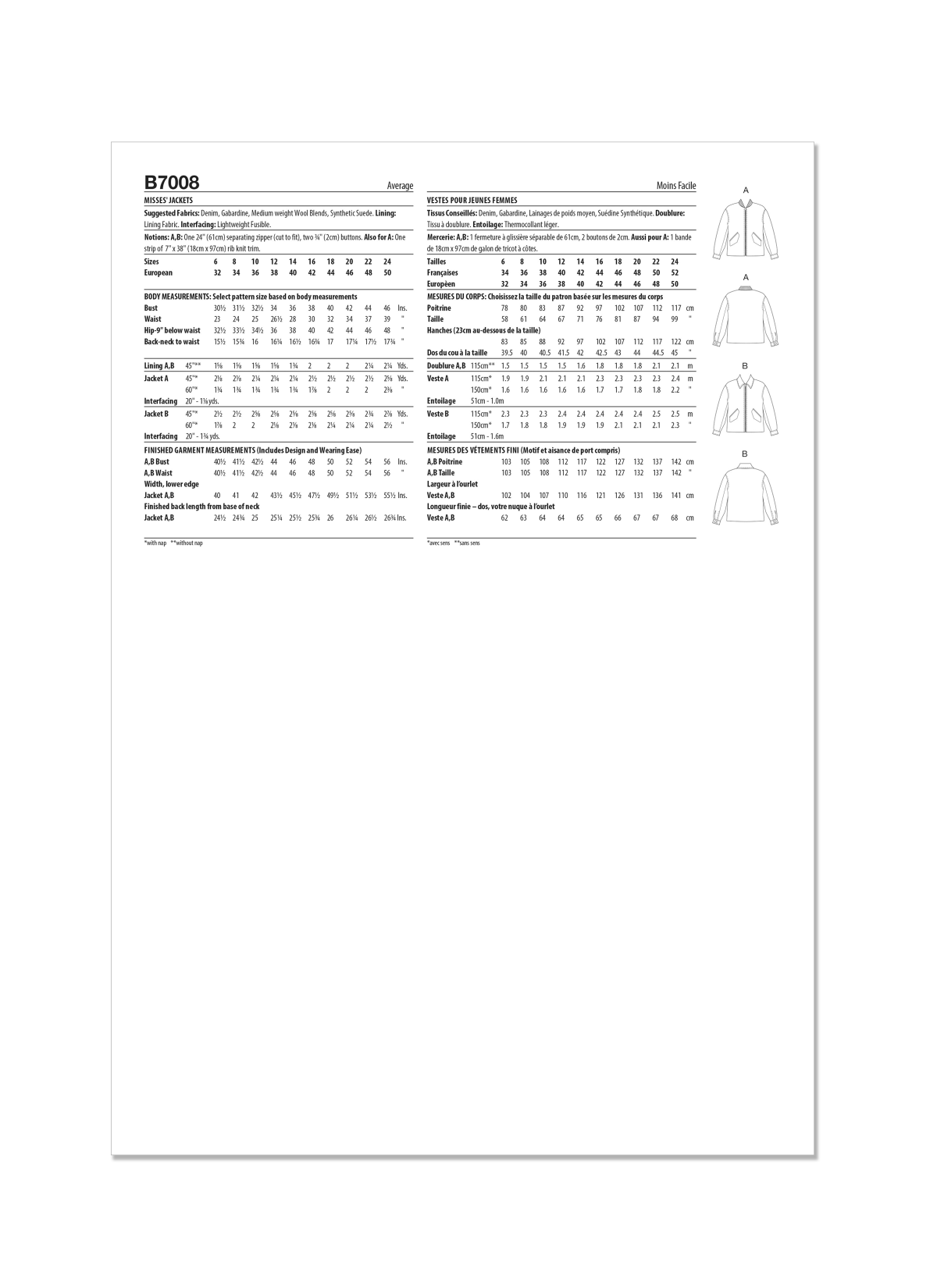 Butterick Sewing Pattern B7008 Misses' Jackets