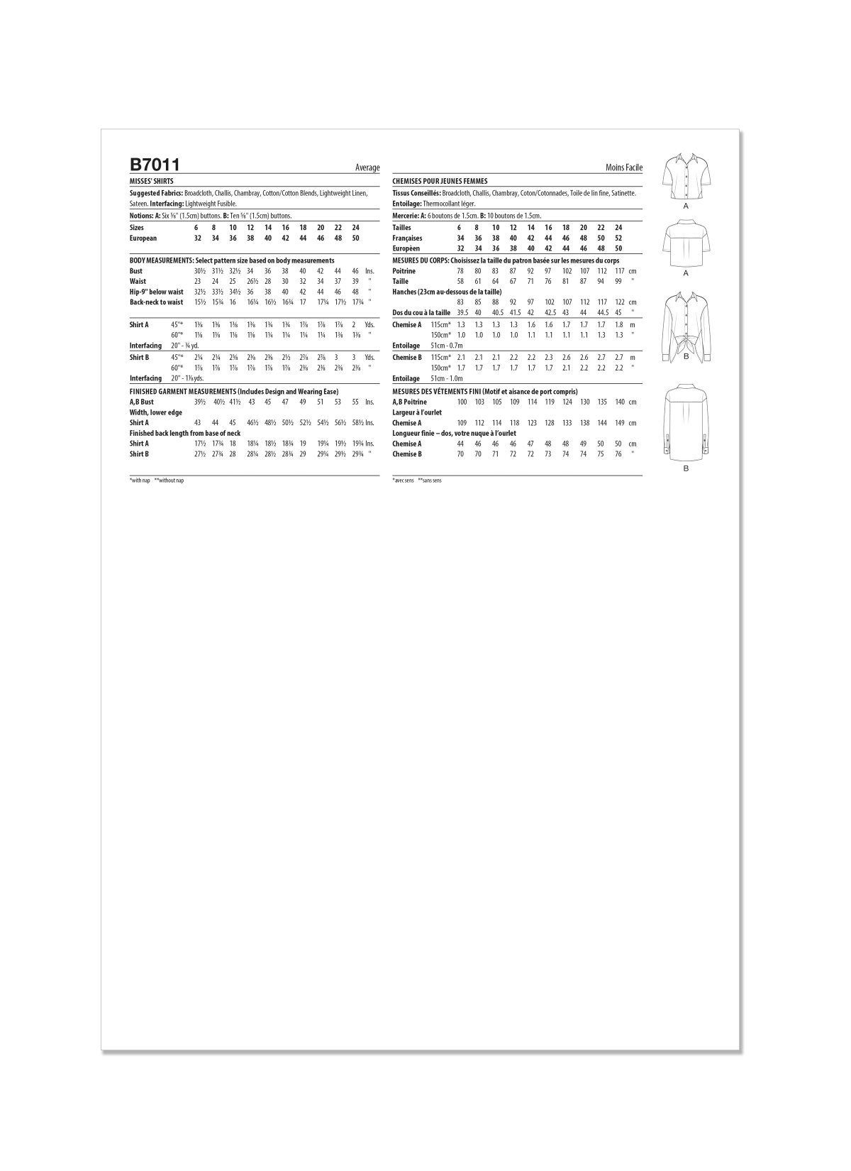 Butterick Sewing Pattern B7011 Misses' Shirts