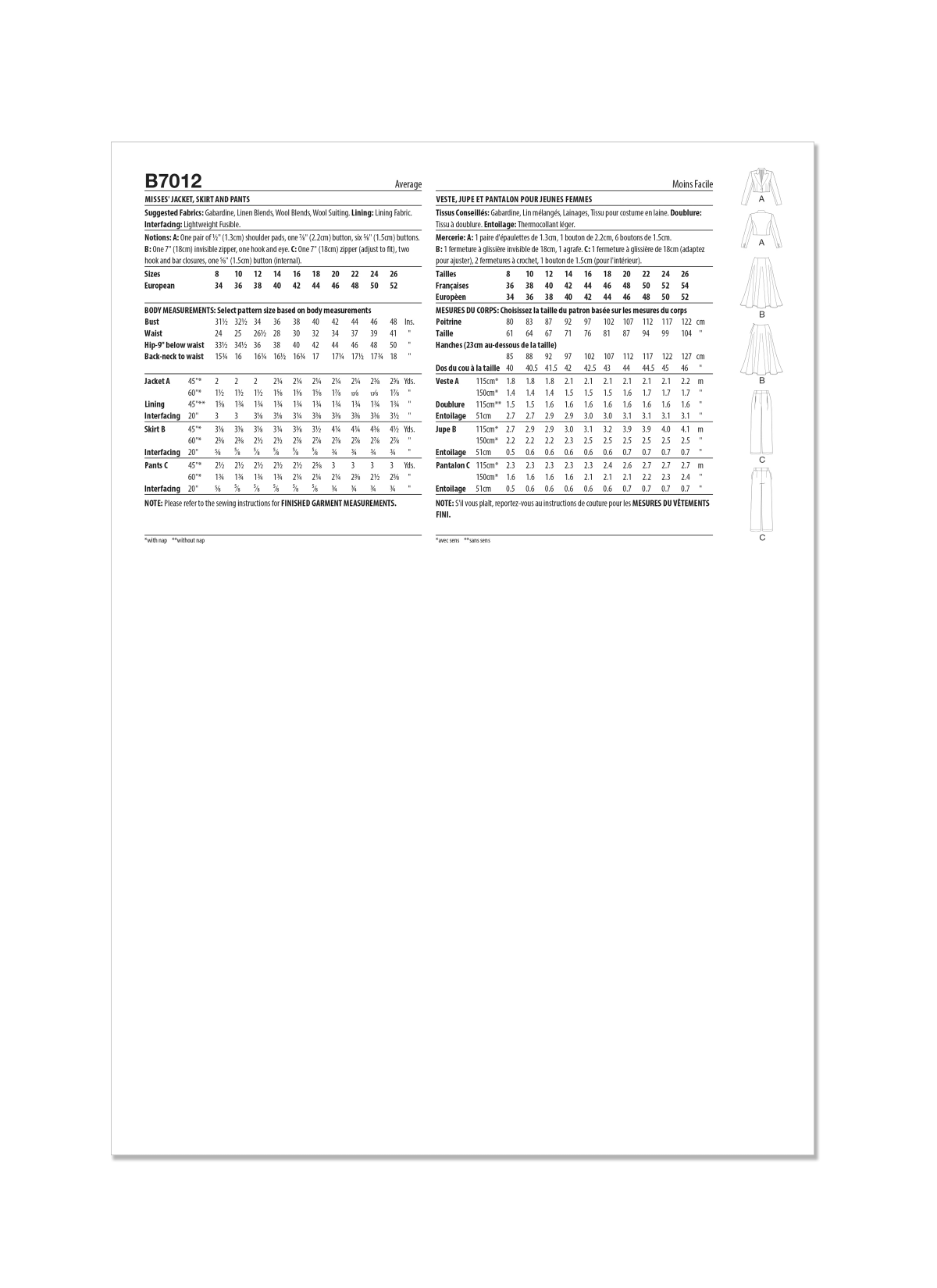 Butterick Sewing Pattern B7012 Misses' Jacket, Skirt, and Trousers