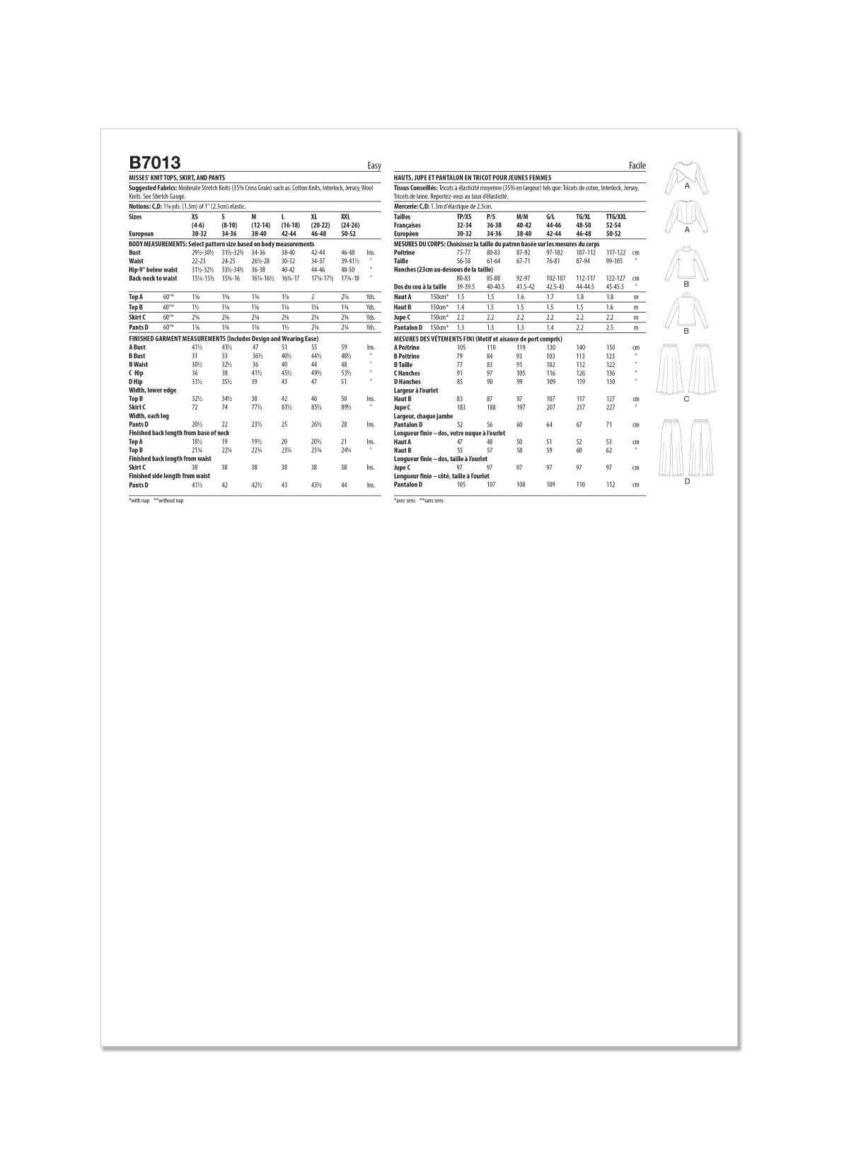 Butterick Sewing Pattern B7013 Misses' Knit Tops, Skirt, and Trousers