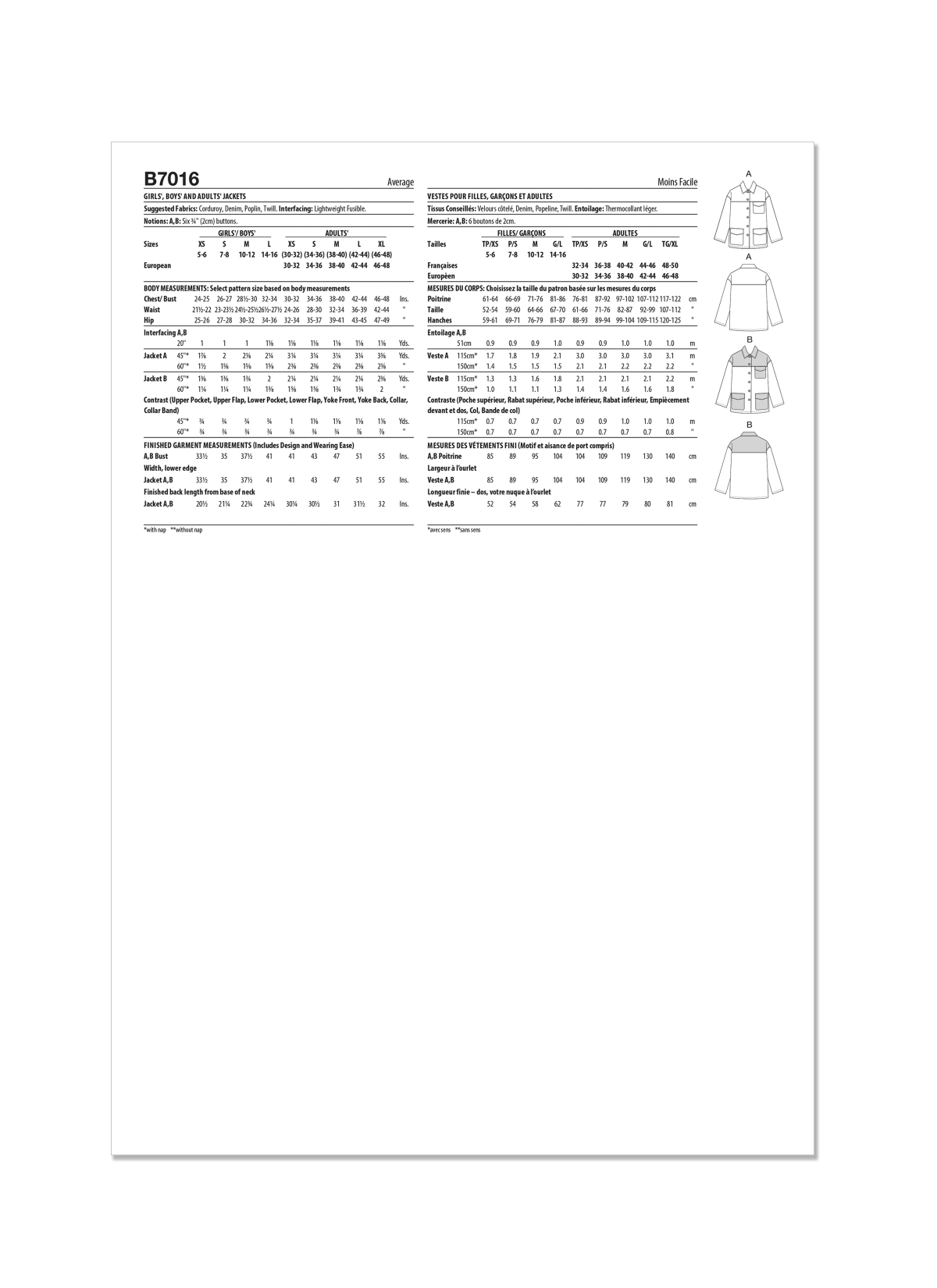 Butterick Sewing Pattern B7016 Girls' and Boys' and Adults' Jackets