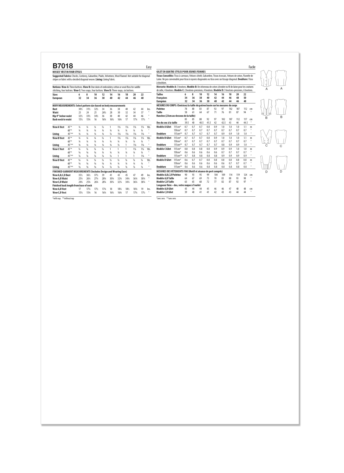 Butterick Sewing Pattern B7018 Misses' Waistcoats in Four Styles