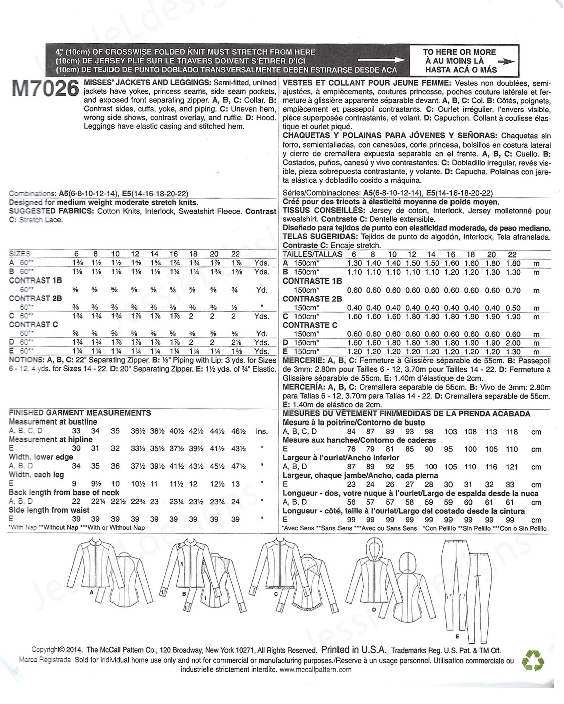 McCall's Sewing Pattern M7026 Misses' Activewear Jackets and Leggings