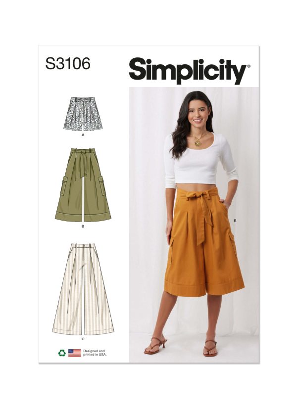 Simplicity Sewing Pattern S3106 Misses' Shorts and Trousers with Tie Belt