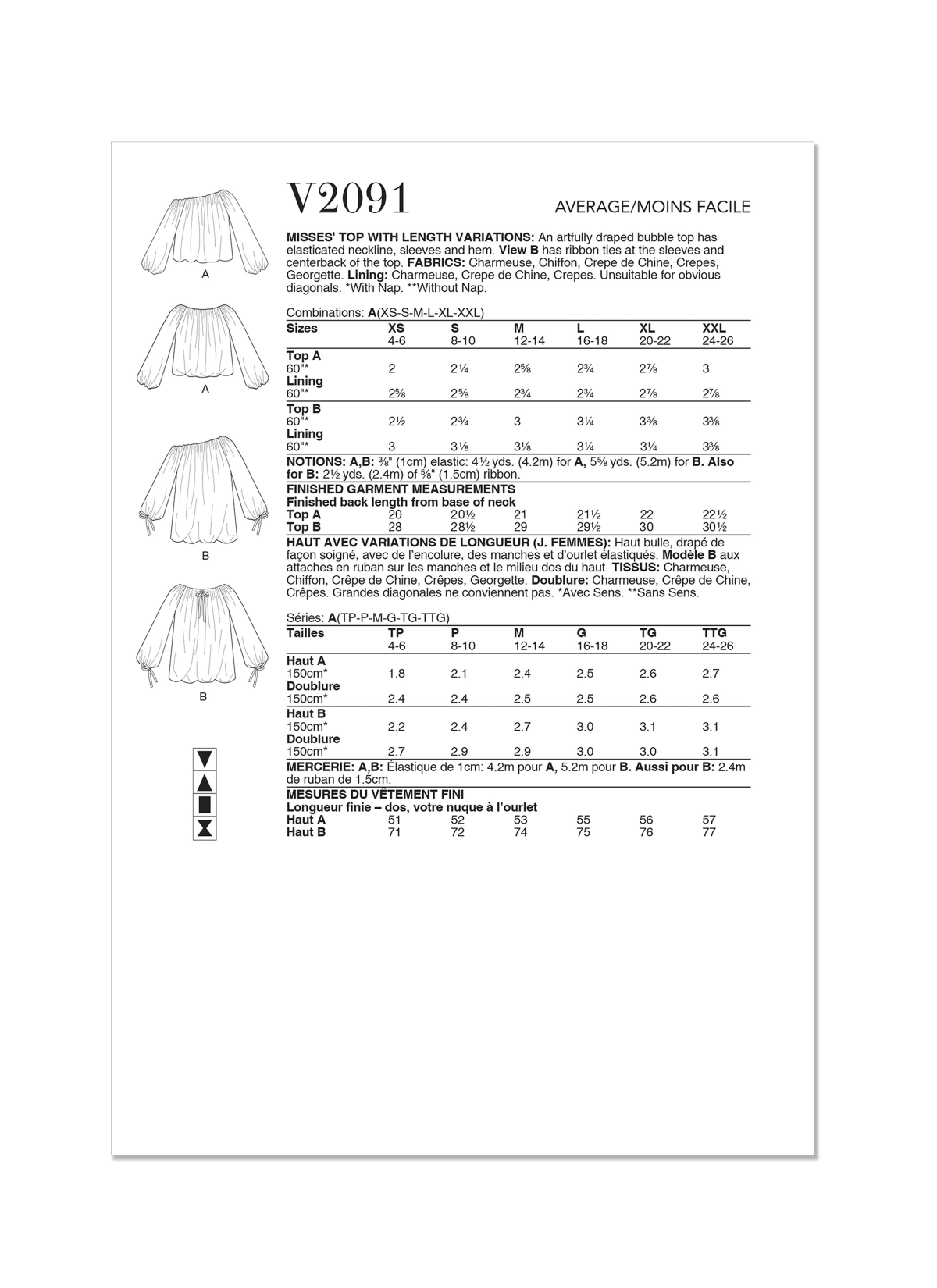 Vogue Patterns Sewing Pattern V2091 Misses' Top with Length Variations
