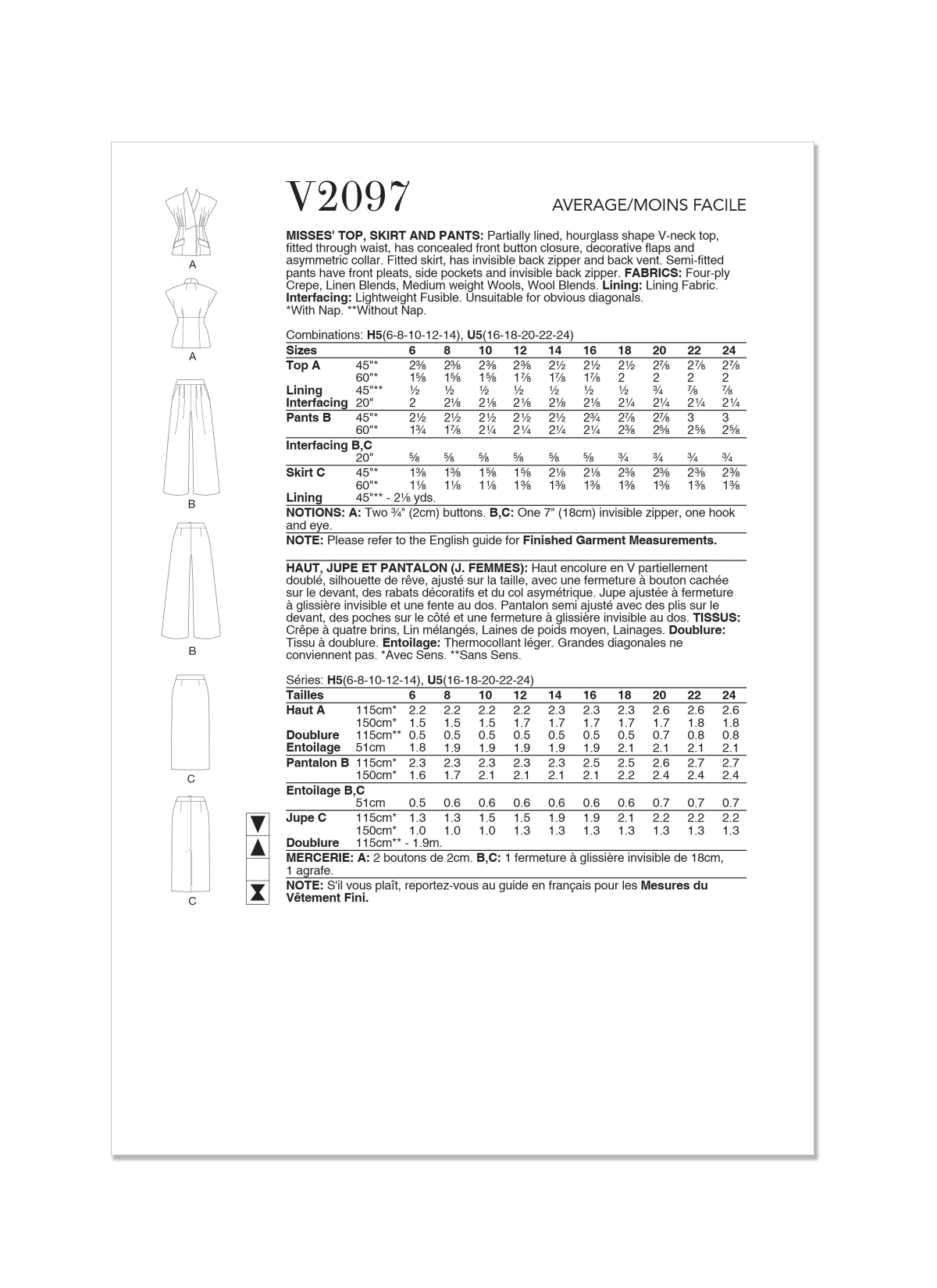 Vogue Patterns Sewing Pattern V2097 Misses' Top, Skirt and Pants