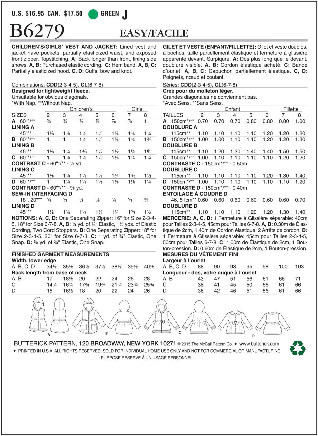 Butterick Sewing Pattern B6279 Children's/Girls' Vest and Jackets with Hood