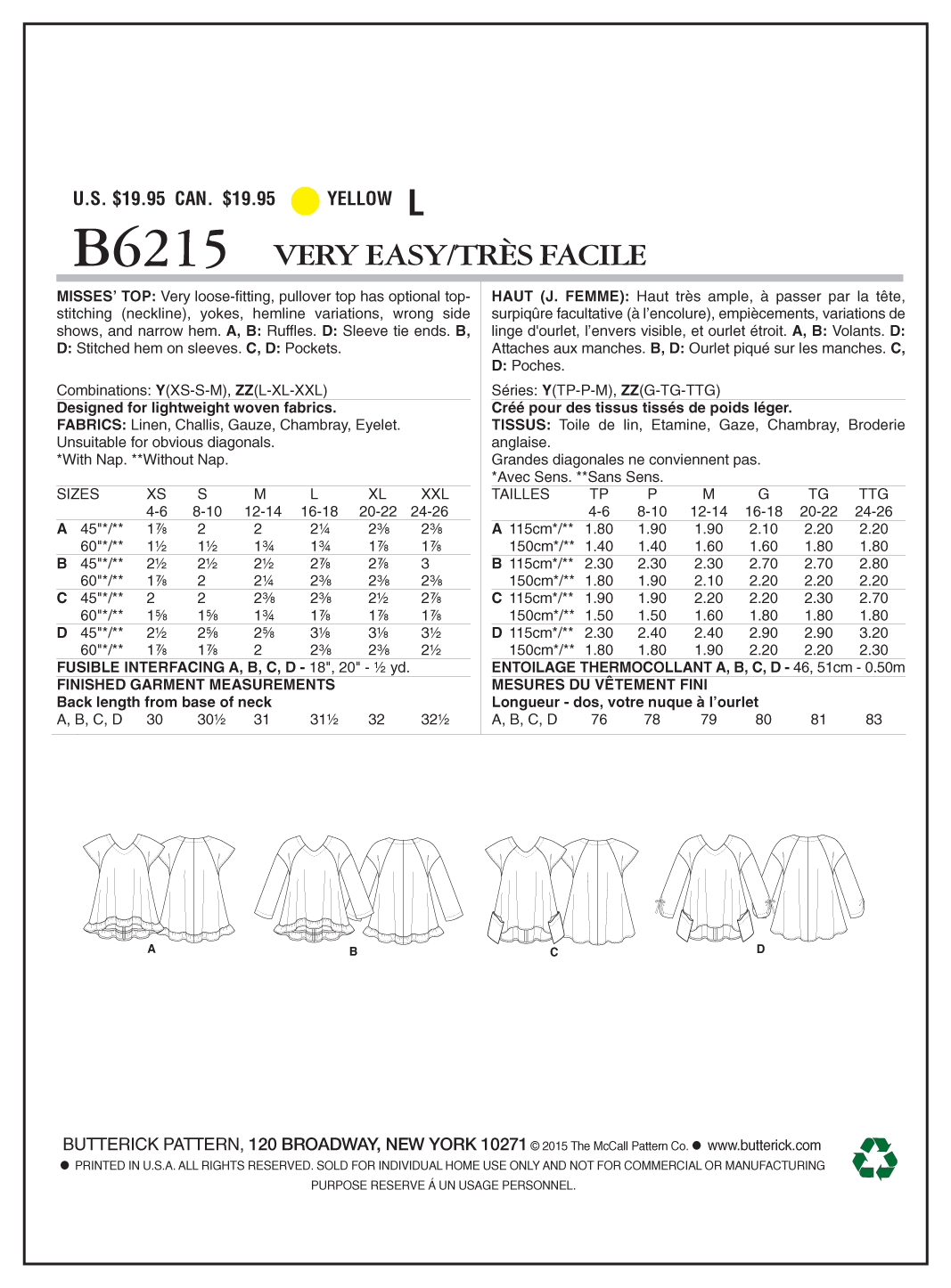 Butterick Sewing Pattern B6215 Misses' Raglan Sleeve Tops