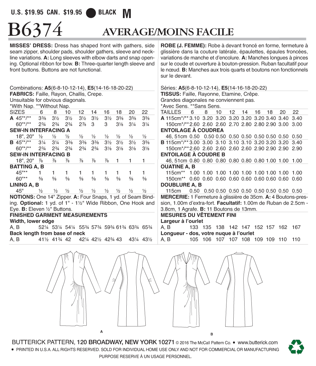 Butterick Sewing Pattern B6374 1940s Misses' Swan-Neck or Shawl Collar Dresses with Asymmetrical Gathers