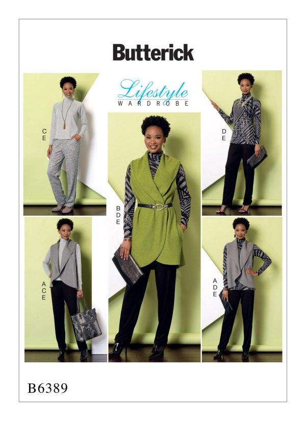 Butterick Sewing Pattern B6389 Misses' Raglan Sleeve Top and Tunic, Shawl Collar Vest, and Pull-On Trousers