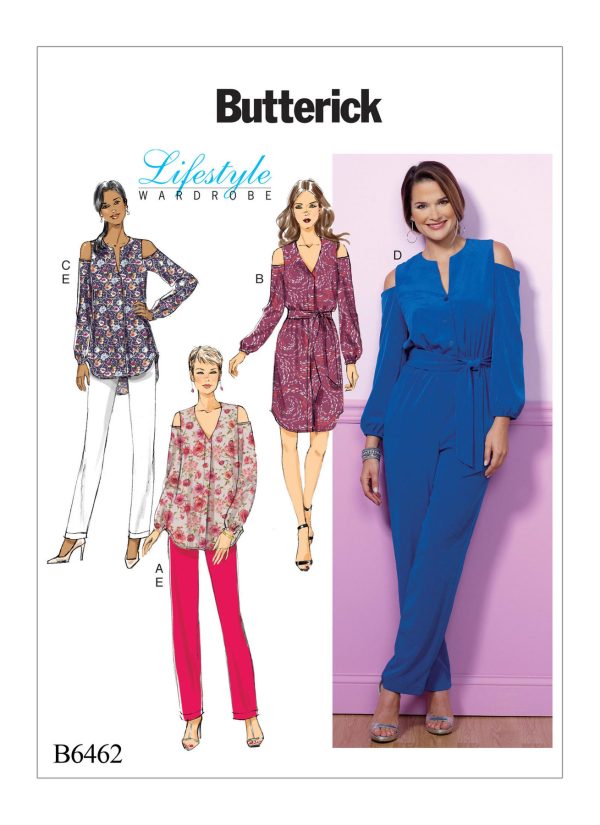 Butterick Sewing Pattern B6462 Misses' Cold-Shoulder Top, Tunic, Dress and Jumpsuit with Sash, and Pull-On Trousers