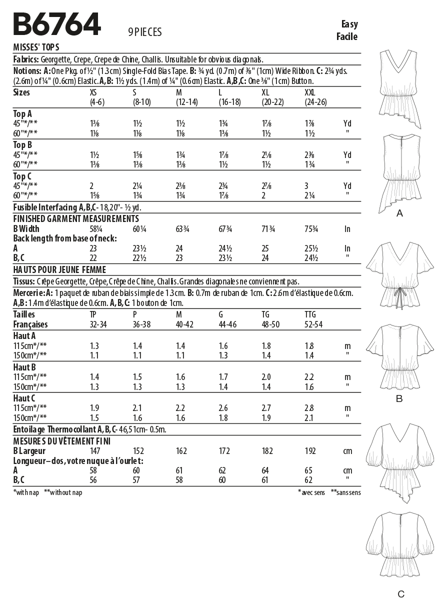 Butterick Sewing Pattern B6764 Misses' Tops