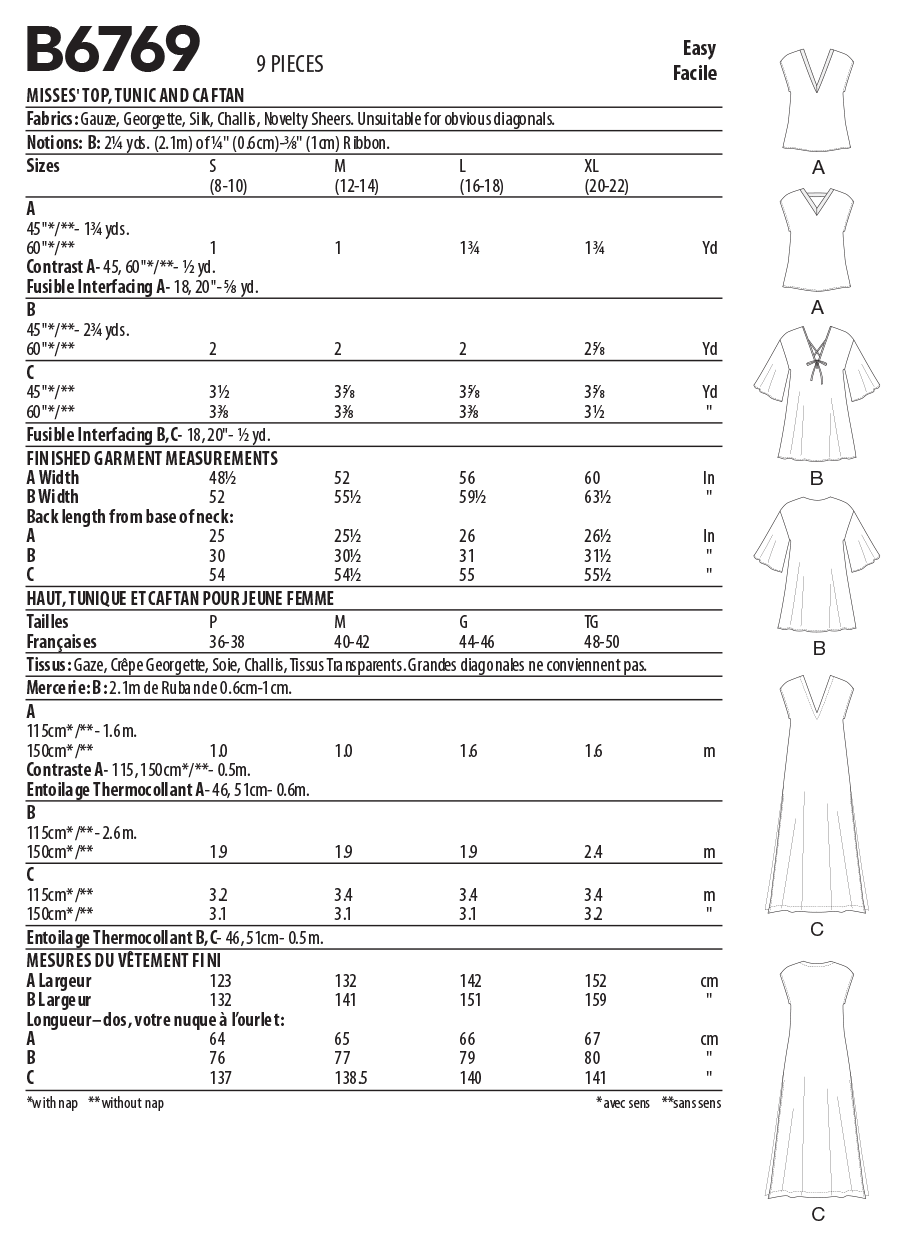 Butterick Sewing Pattern B6769 Misses' Top, Tunic & Caftan