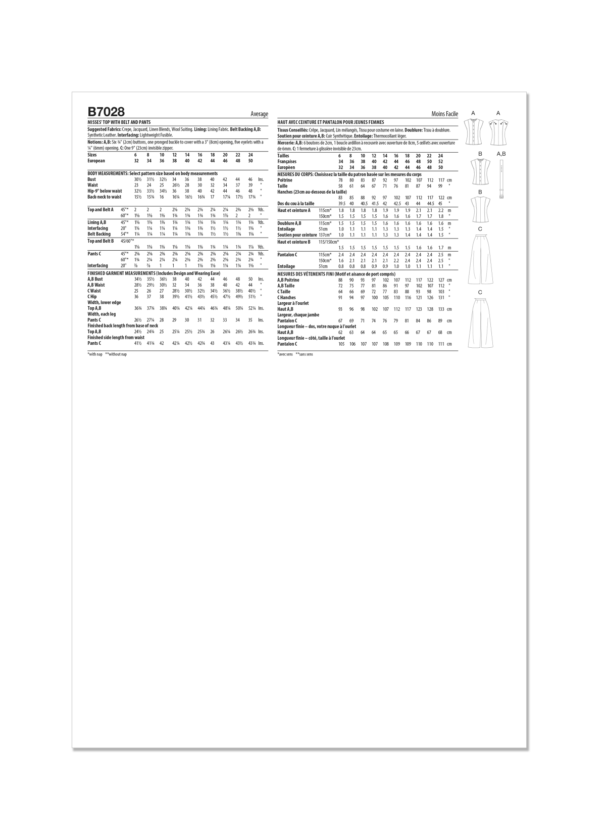 Butterick Sewing Pattern B7028 Misses' Top with Belt and Trousers