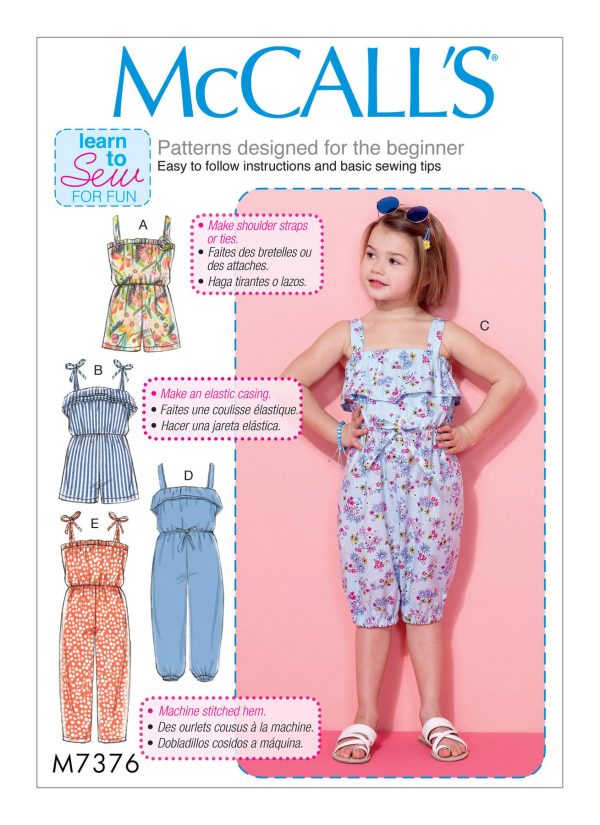 McCall's Sewing Pattern M7376 Children's/Girls' Blouson Rompers and Jumpsuits 