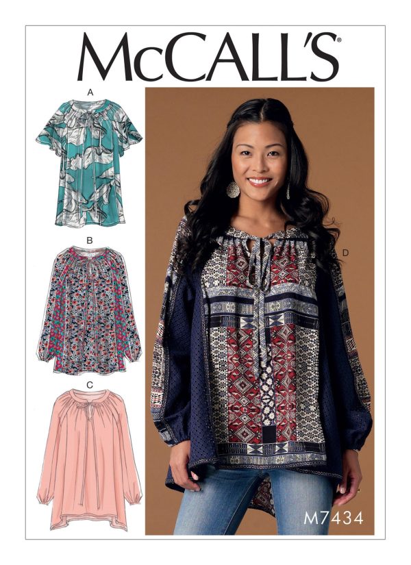 McCall's Sewing Pattern M7434 Misses' Gathered, Raglan Sleeve Tops with Neck Ties 