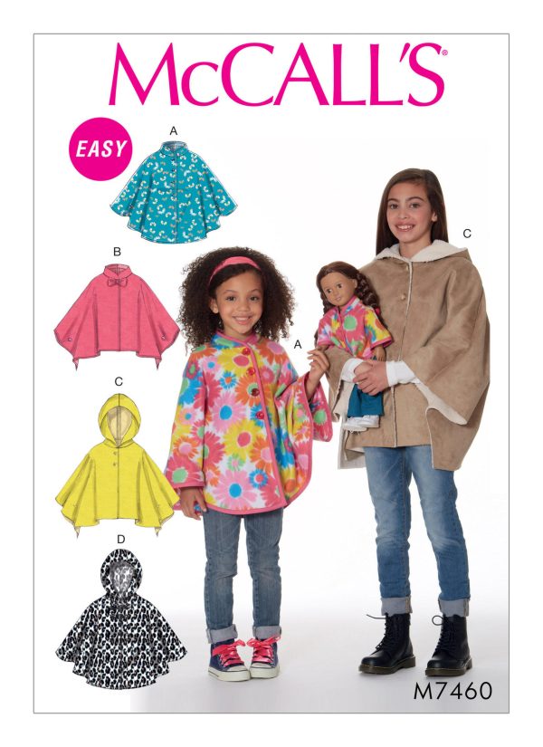 McCall's Sewing Pattern M7460 Children's/Girls'/18" Dolls' Ponchos with Stand-Up Collar or Hood 