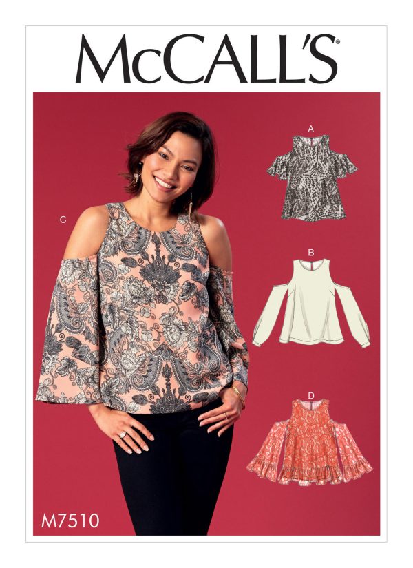 McCall's Sewing Pattern M7510 Misses' Cold-Shoulder Tops with Flared or Cuffed Sleeves 