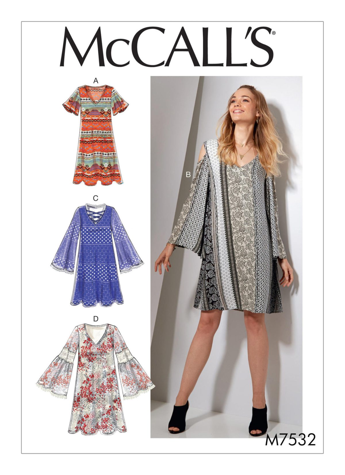 McCall's Sewing Pattern M7532 Misses' V-Neck, Flared-Sleeve Dresses