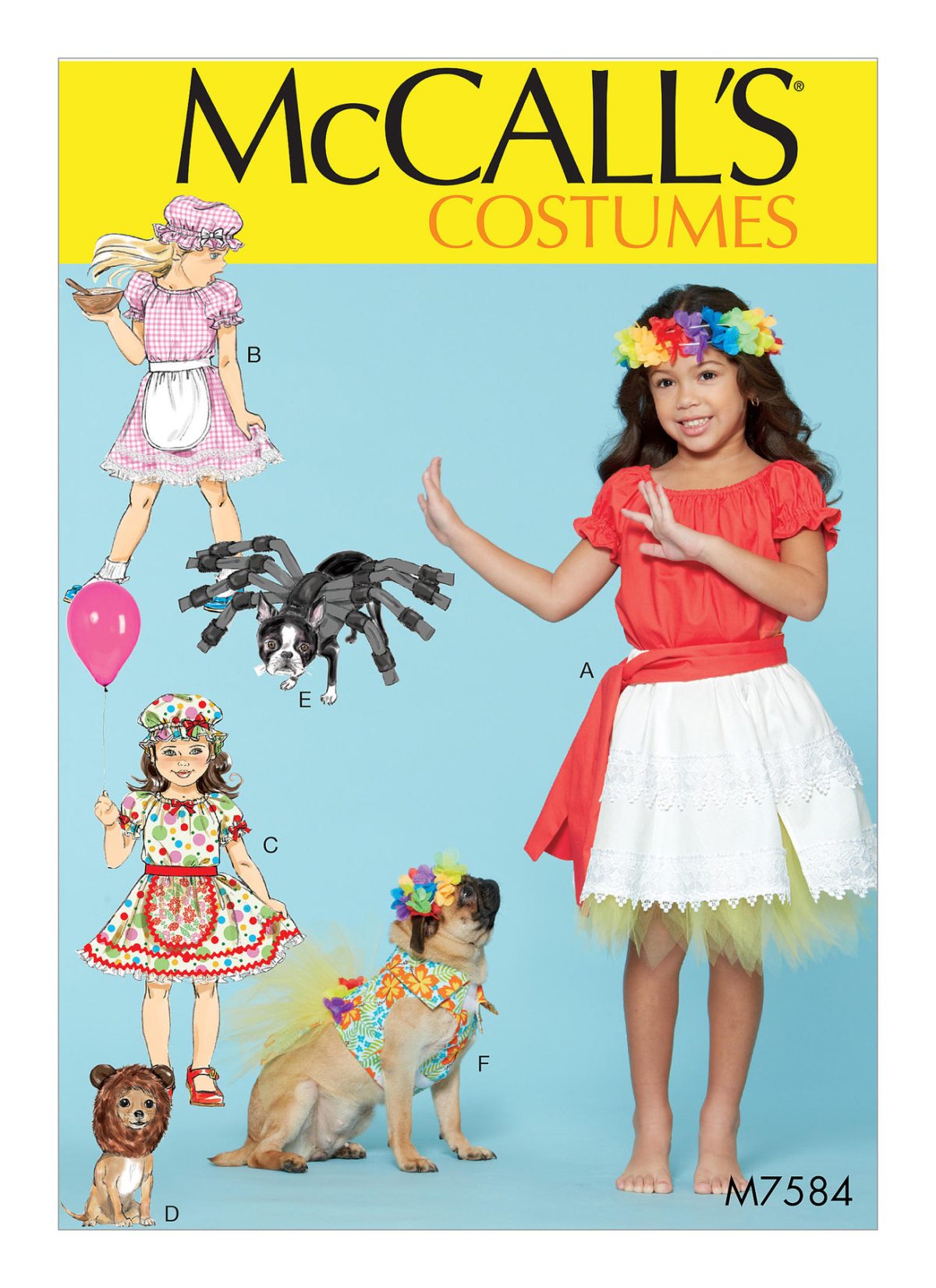 McCall's Sewing Pattern M7584 Kids' Gathered Top and Skirt, and Dog Costumes