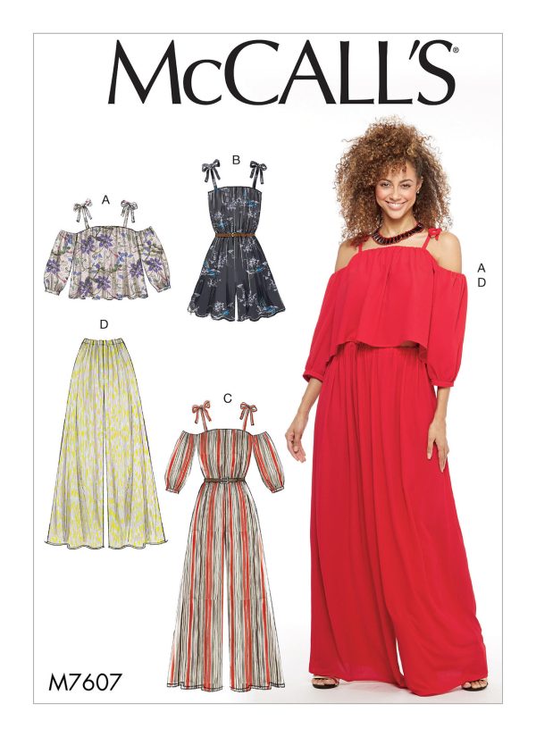 McCall's Sewing Pattern M7607 Misses' Off-the-Shoulder Top, Romper, and Jumpsuit With Ties, and Pull-On Pants 
