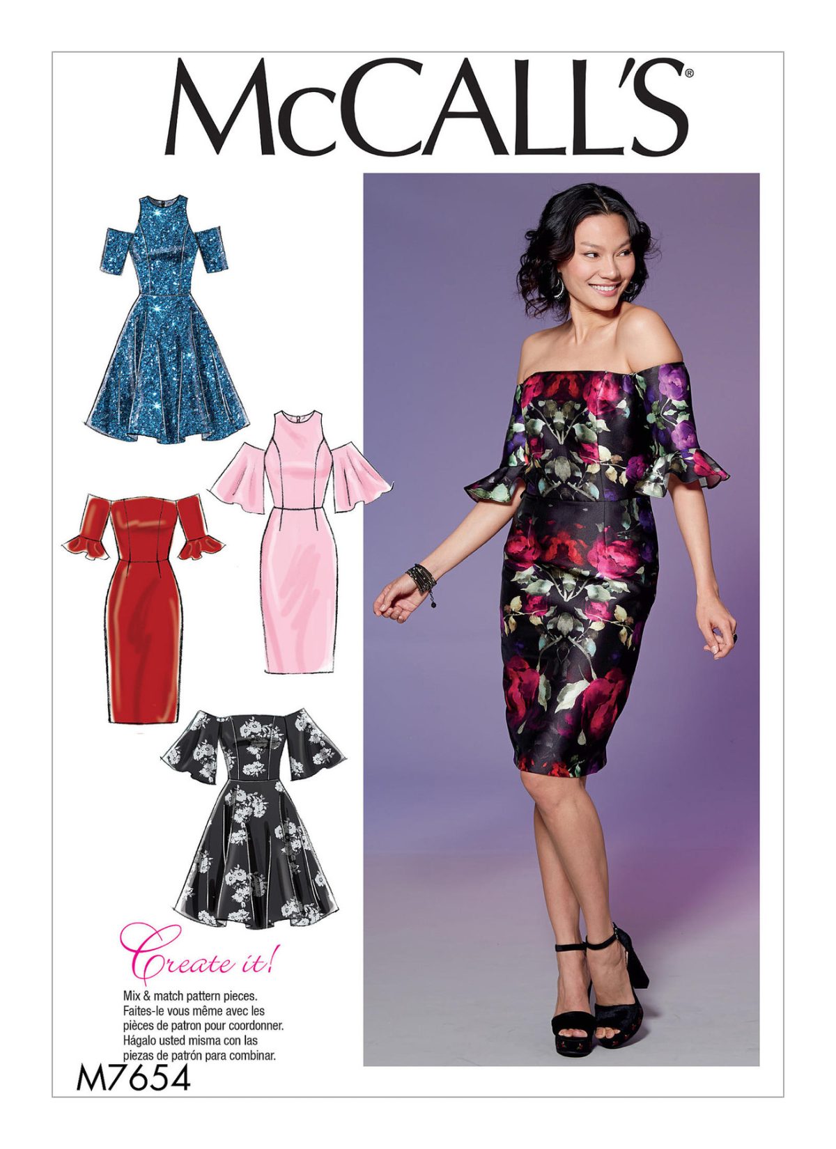 McCall's Sewing Pattern M7654 Misses'/Miss Petite Dresses with Mix-and-Match Shoulder, Sleeve, and Skirt Variations