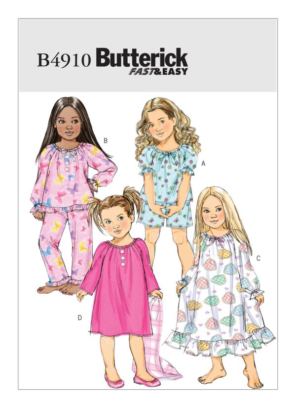 Butterick Sewing Pattern B4910 Children's/Girls' Raglan Sleeve Tops, Shorts, trousers and Gowns