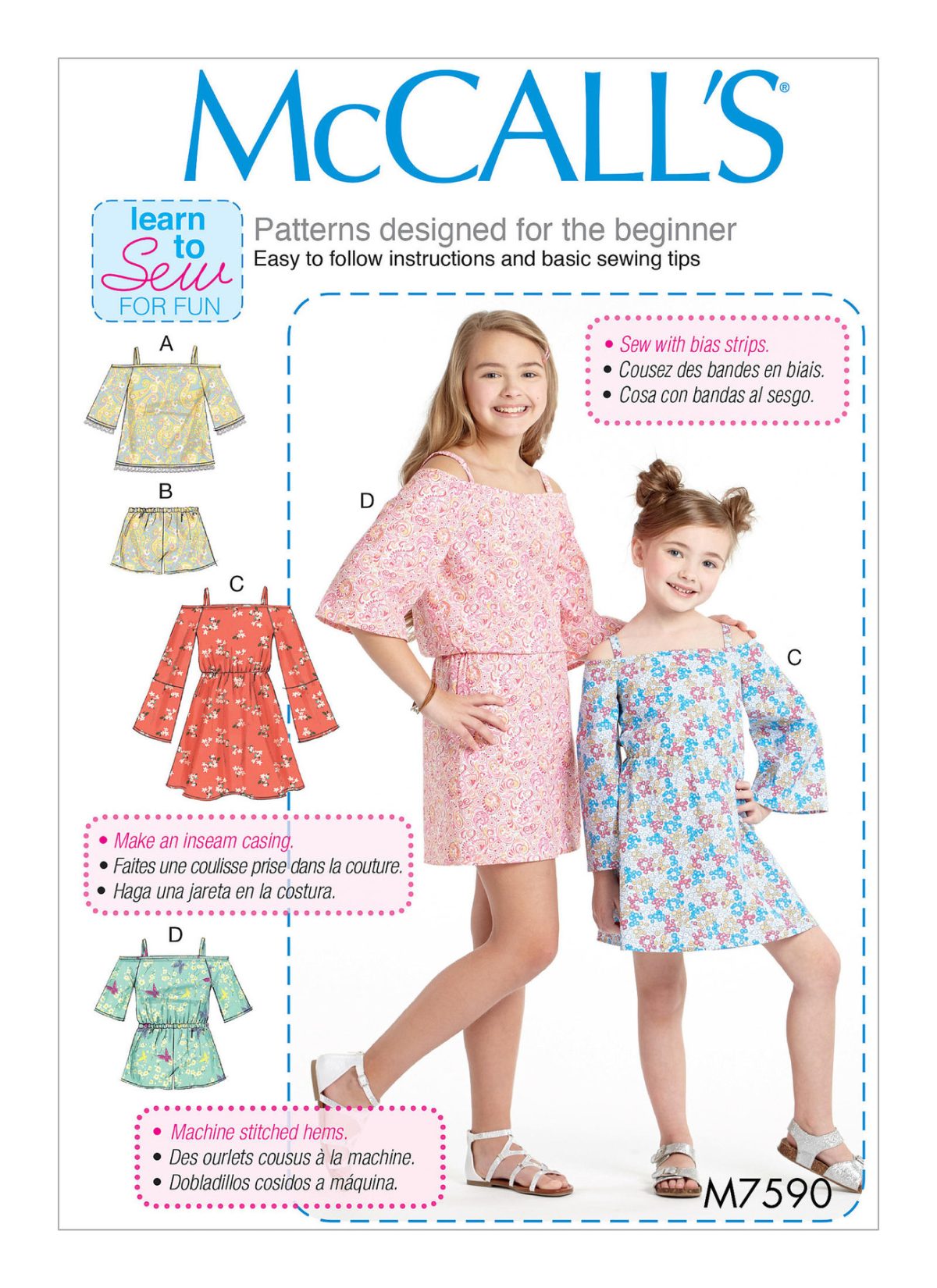 McCall's Sewing Pattern M7590 Children's/Girls' Off-the-Shoulder Top, Dress and Romper, and Shorts