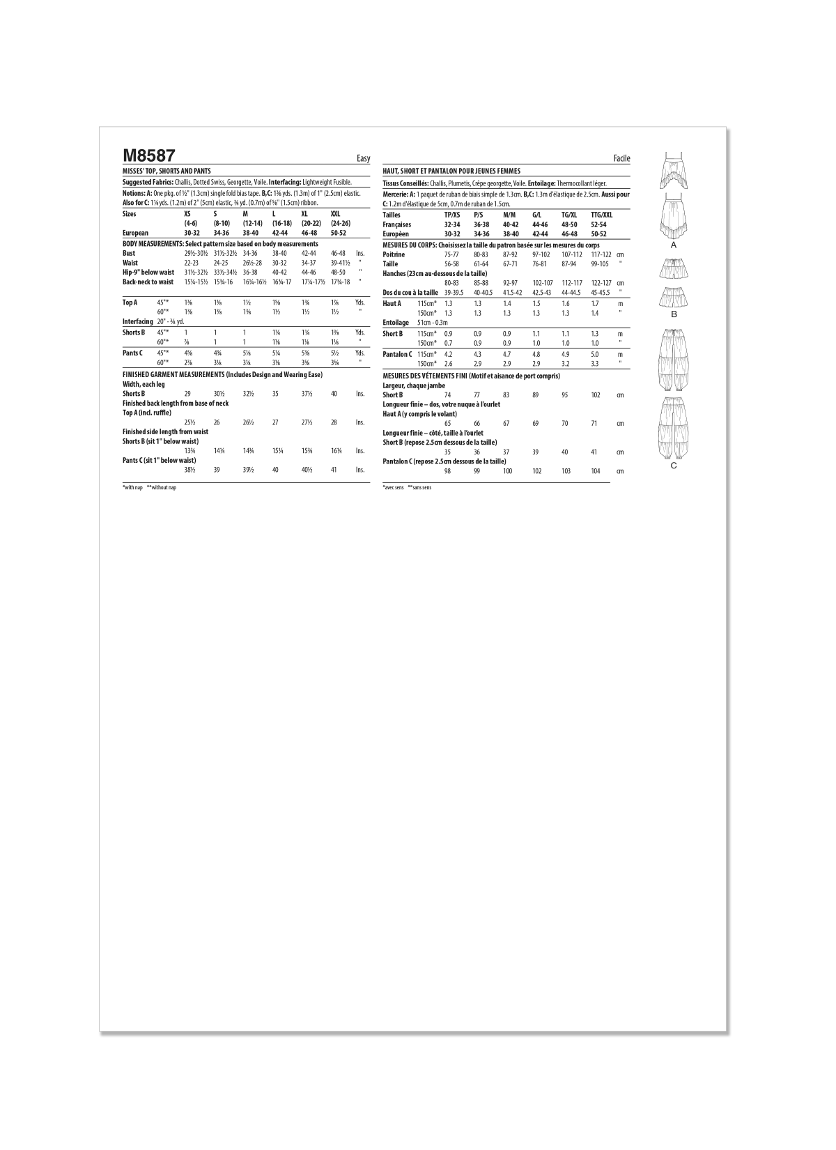 McCall's Sewing Pattern M8587 Misses' Top, Shorts and Trousers