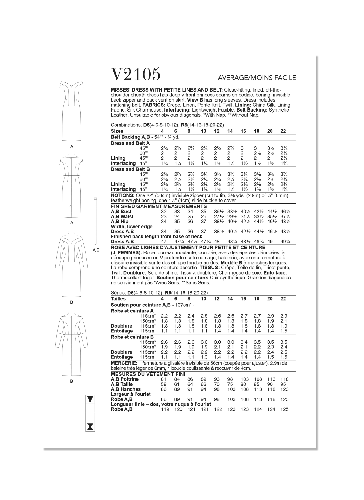 Vogue Patterns Sewing Pattern V2105 Misses' Dress with Petite Lines and Belt