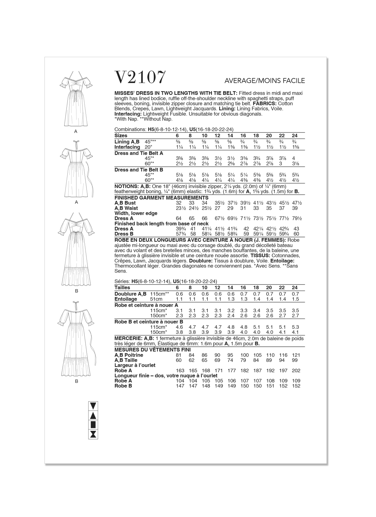 Vogue Patterns Sewing Pattern V2107 Misses' Dress in Two Lengths with Tie Belt