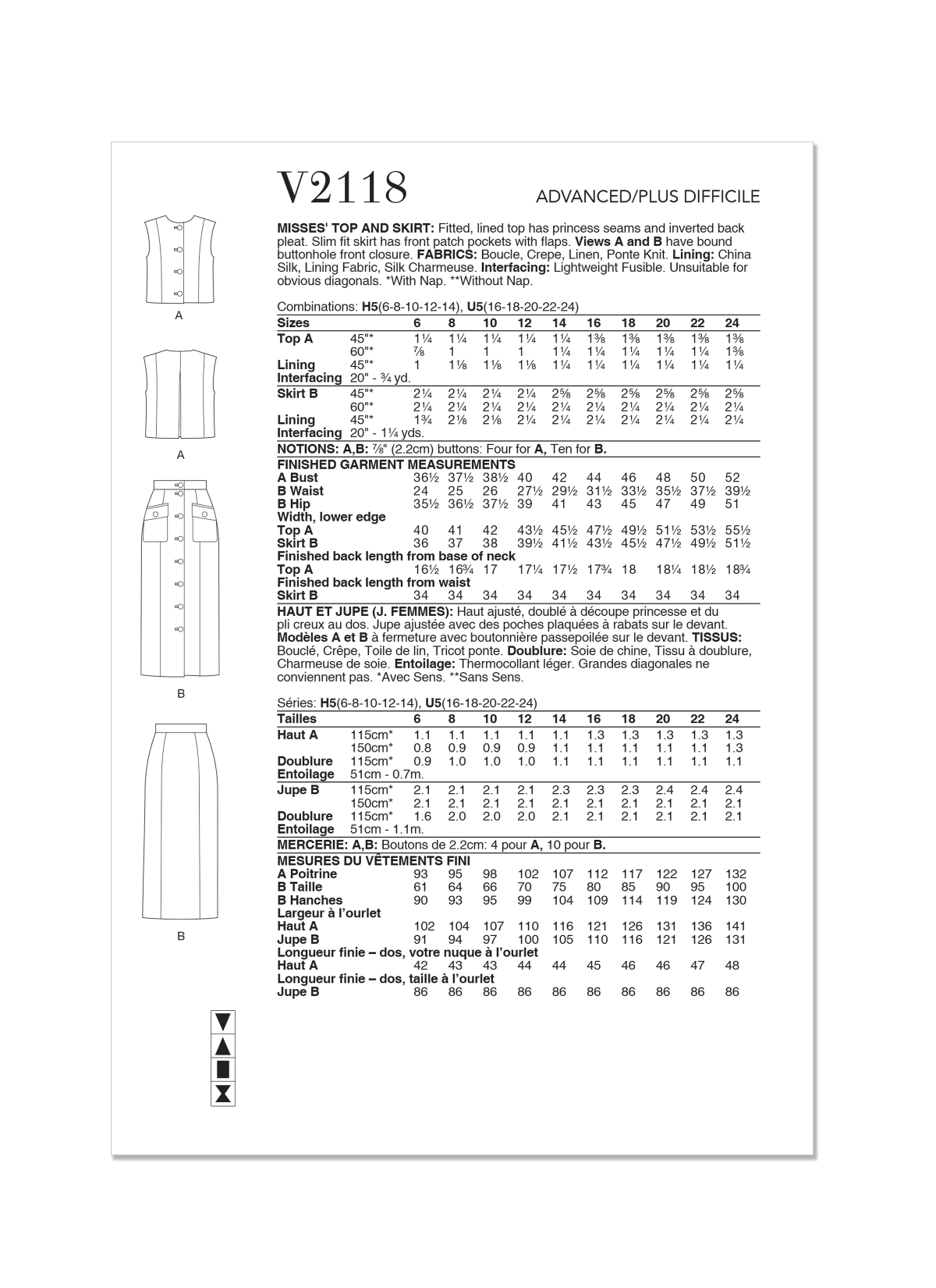 Vogue Patterns Sewing Pattern V2118 Misses' Top and Skirt