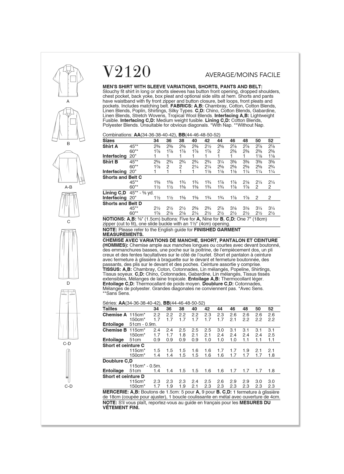 Vogue Patterns Sewing Pattern V2120 Men's Shirt with Sleeve Variations, Shorts, Trousers and Belt