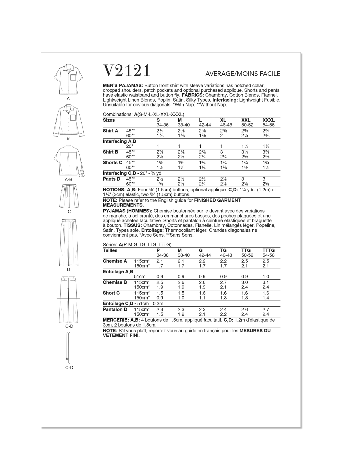 Vogue Patterns Sewing Pattern V2121 Men's Pajamas