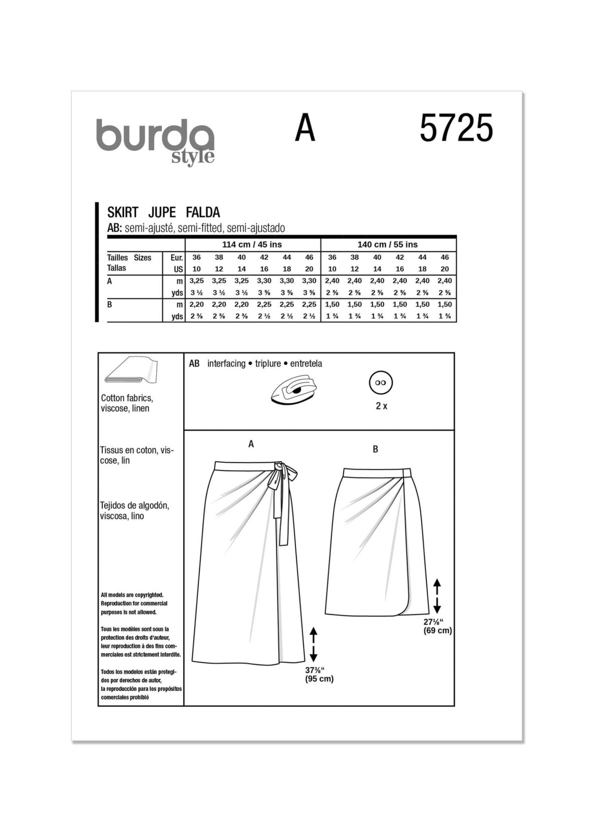 Burda Style Sewing Pattern 5725 Misses' Skirt