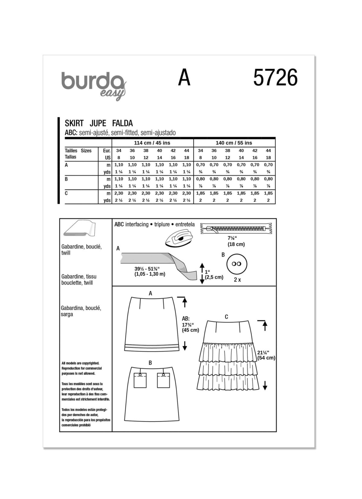 Burda Style Sewing Pattern 5726 Misses' Skirt