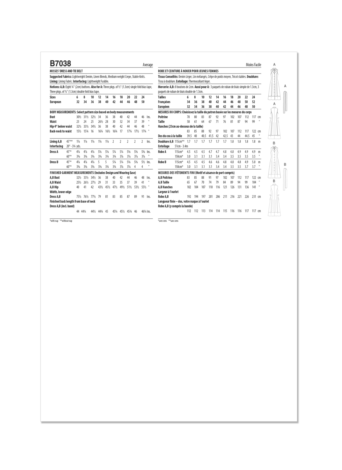 Butterick Sewing Pattern B7038 Misses' Dress and Tie Belt