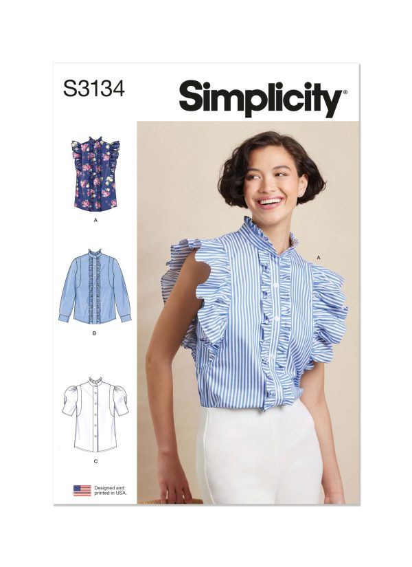 Simplicity Sewing Pattern S3134 Misses' Ruffled Button Front Top with Sleeve Variations