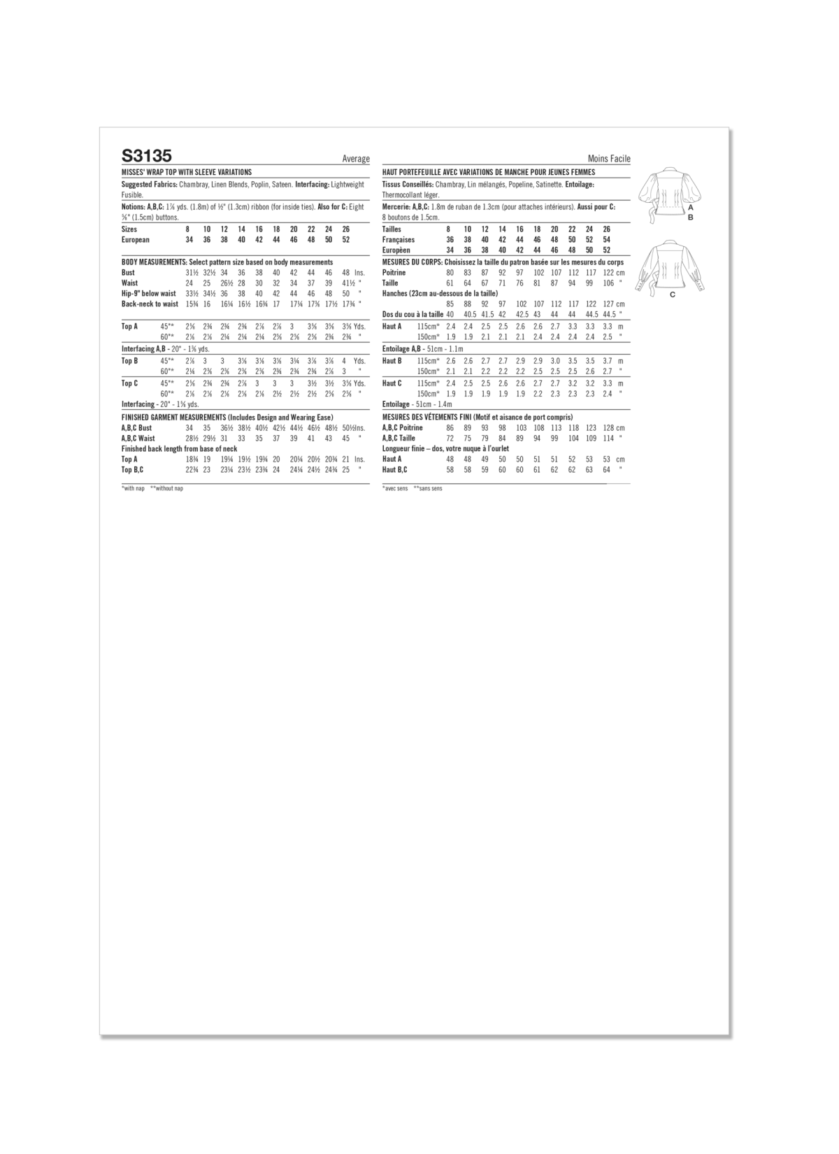 Simplicity Sewing Pattern S3135 Misses' Wrap Top with Sleeve Variations