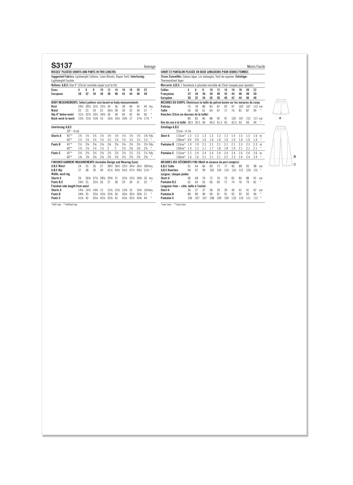 Simplicity Sewing Pattern S3137 Misses' Pleated Shorts and Pants in Two Lengths