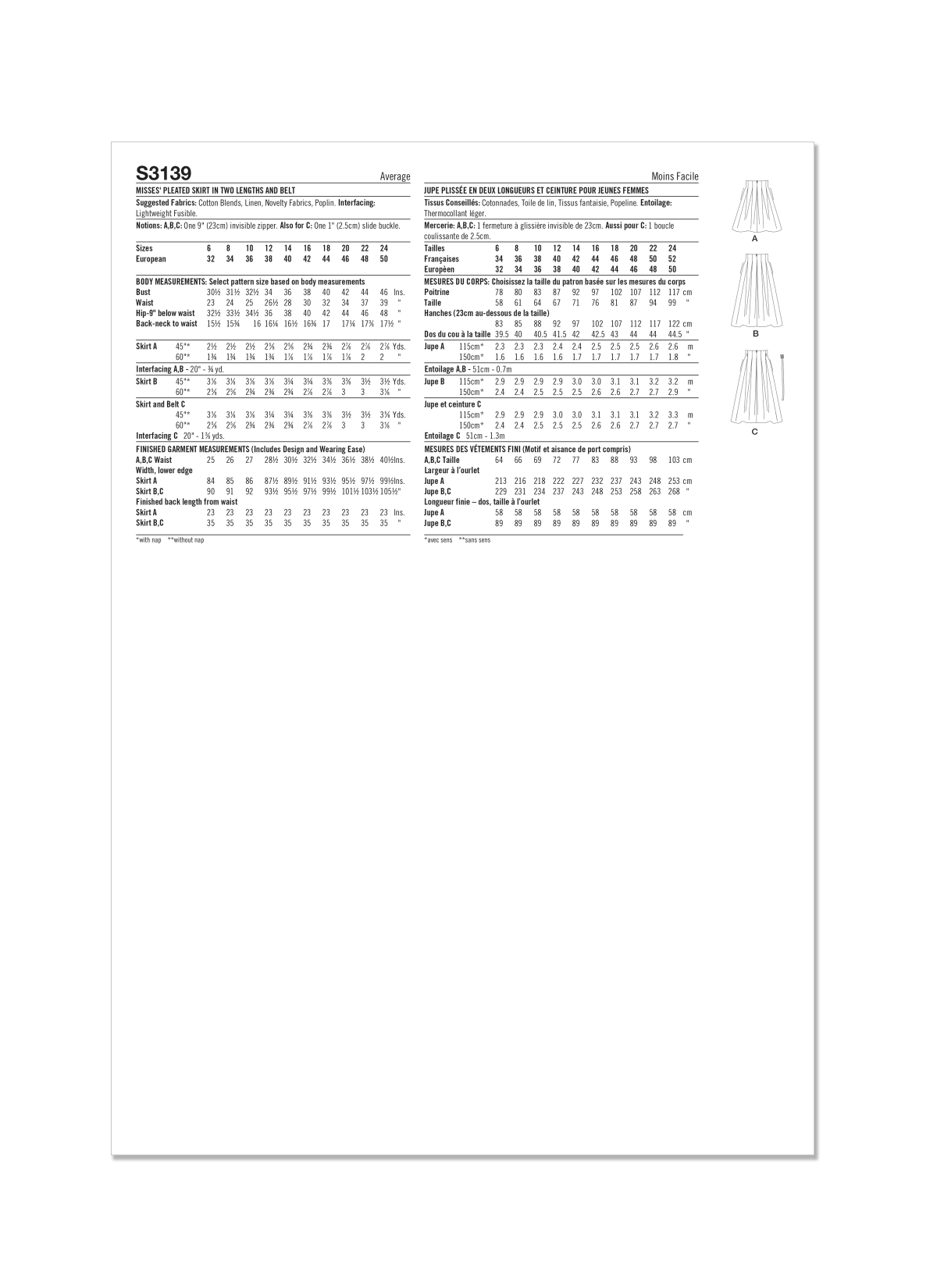 Simplicity Sewing Pattern S3139 Misses' Pleated Skirt in Two Lengths and Belt