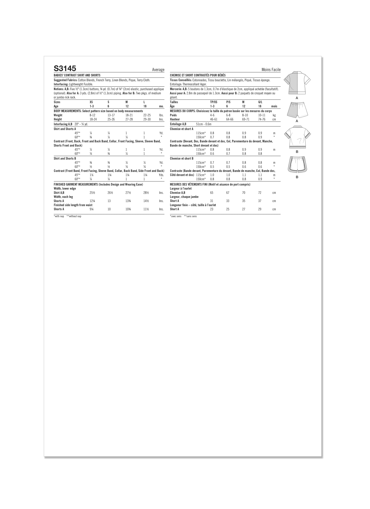 Simplicity Sewing Pattern S3145 Babies' Contrast Shirt and Shorts