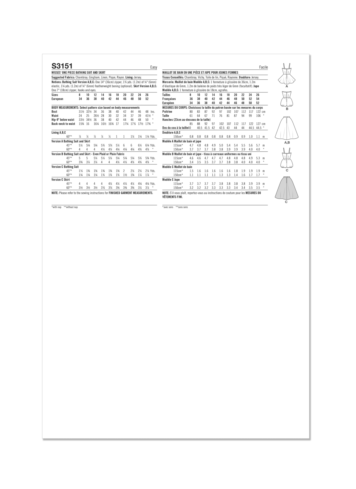 Simplicity Sewing Pattern S3151 Misses' One Piece Bathing Suit and Skirt